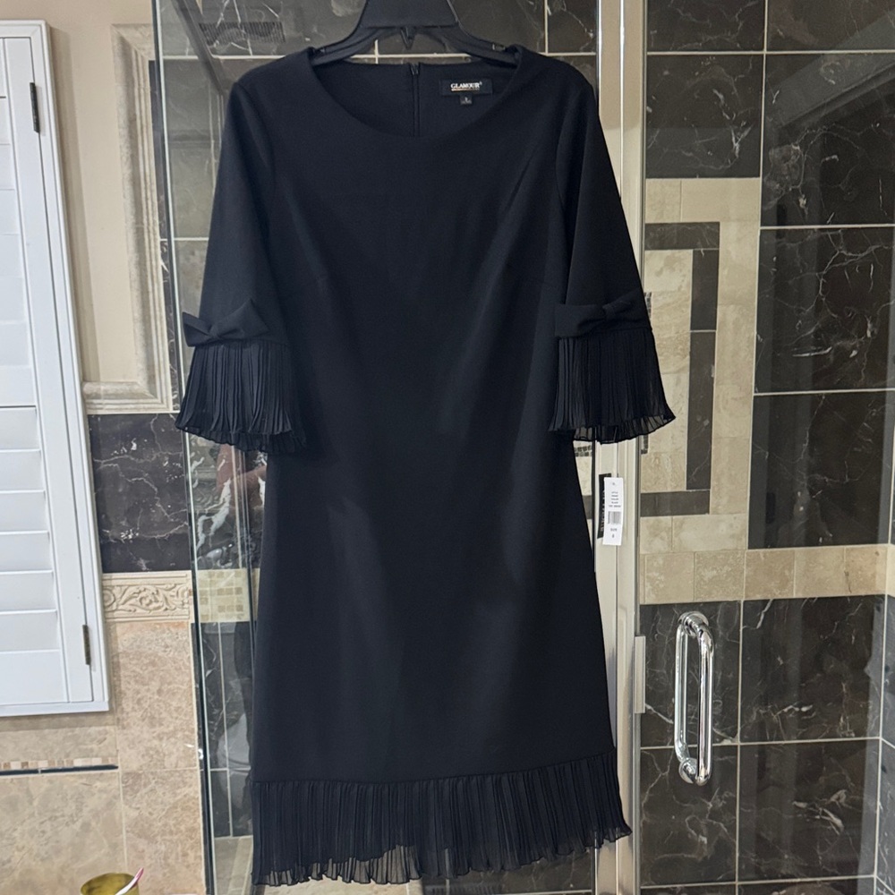 Glamour, Club Monaco Black Midi Shift Dress with Pleated Trim